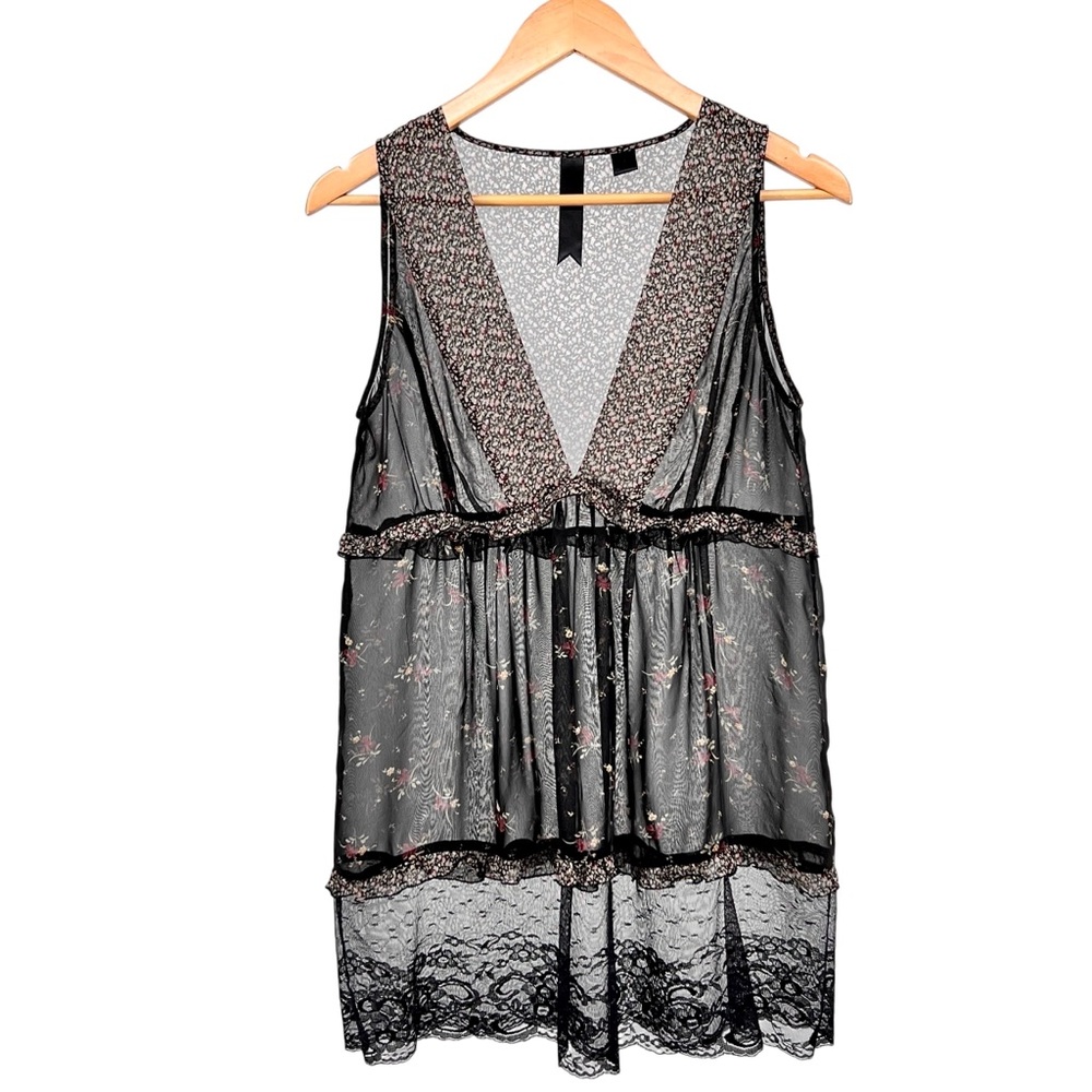 Petticoat Alley Y2K Sheer Babydoll Lace Tunic Dress Sz S Black Floral Whimsygoth